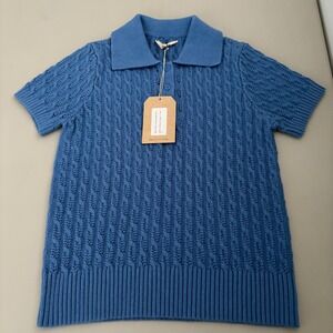 FELLER Seattle ‎ "Frankie Cable Polo" Blue Men Knit Short Sleeve Top Small NOTE:
